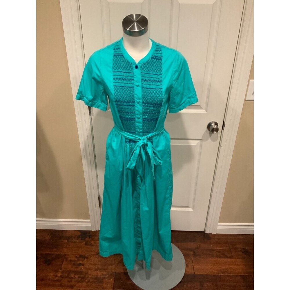 Loretta Caponi Seafoam Green Smocked Embroidered Midi Dress, Size Large